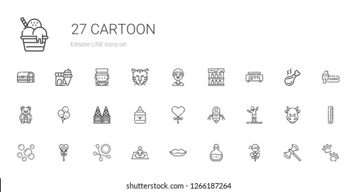 cartoon icons set. Collection of cartoon with lollipop, potion, lips, position, cotton swab, bubbles, stretching, robot, glue, ice cream. Editable and scalable cartoon icons.