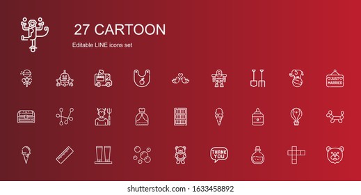 cartoon icons set. Collection of cartoon with potion, speech bubble, teddy bear, bubbles, cream, ruler, ice cream cone, glue, ice cream, bookcase. Editable and scalable cartoon icons.