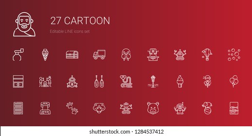 cartoon icons set. Collection of cartoon with robot, bear, crocodile, pawprints, waffle iron, bookcase, ice cream, street lamp, bookworm. Editable and scalable cartoon icons.