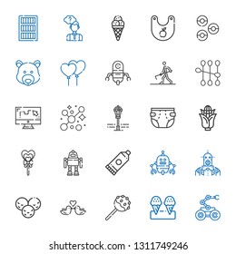 cartoon icons set. Collection of cartoon with robot, ice cream, cake pop, love birds, glue, lollipop, corn, diaper, street lamp, bubbles. Editable and scalable cartoon icons.