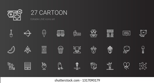 cartoon icons set. Collection of cartoon with stretching, bird house, street lamp, ghost, ice cream, bookshelf, family, corn, minotaur, popcorn. Editable and scalable cartoon icons.