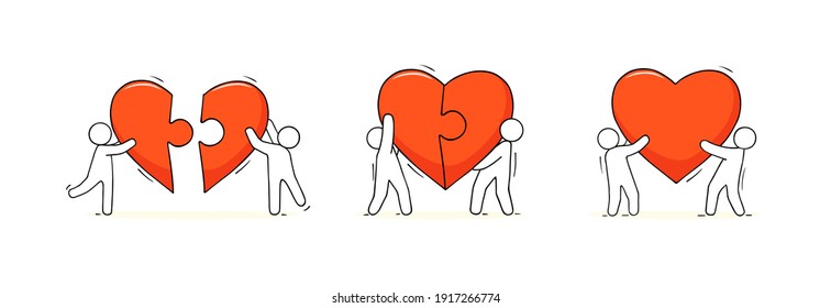 Cartoon icons set - concept of love. Mini people standing with big red heart. Hand drawn vector about love and relationship.