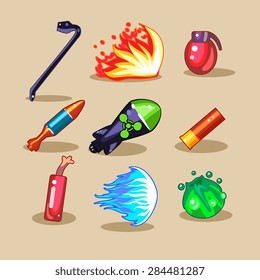 Cartoon icons set for game user interface. Vector illustration.