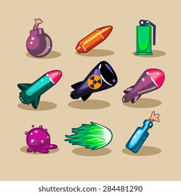 Cartoon icons set for game user interface. Vector illustration.