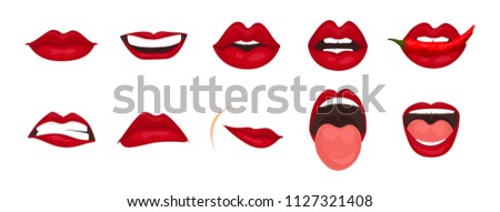 Cartoon icons set isolated. Cute mouth expressions facial gestures lips sadness rapture disappointment fear surprise joy smile cry despondency coquetry cute mouth. Isolated vector illustration