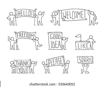 Cartoon icons set with little people. Doodle cute miniature scenes of workers with phrases. Hand drawn cartoon vector illustration for social design.