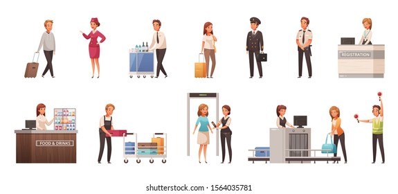 Cartoon icons set with passengers and staff characters in different situations in airport isolated vector illustration