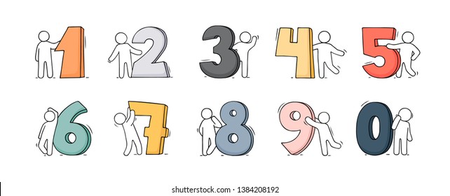 Cartoon icons set of sketch little people with numbers. Doodle cute miniature scenes of workers with numbers. Hand drawn vector illustration for school design and infographic.