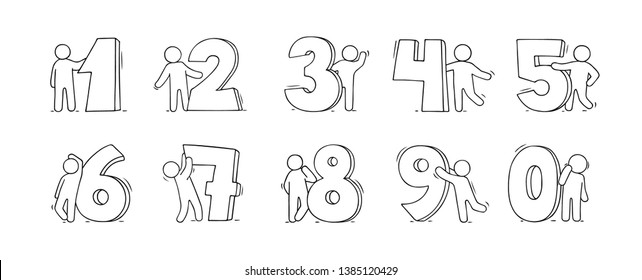 Cartoon icons set of sketch little people with numbers. Doodle cute miniature scenes of workers with numbers. Hand drawn vector illustration for school design and infographic.