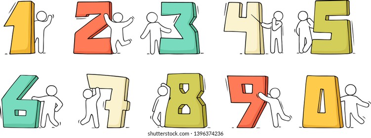 Cartoon icons set of sketch little people with numbers. Doodle cute miniature scenes of workers with numbers. Hand drawn vector illustration for school design and infographic.