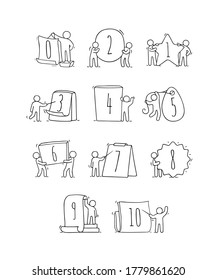 Cartoon icons set of sketch little people with numbers. Doodle cute workers with signs in different forms. Hand drawn vector illustration for education.