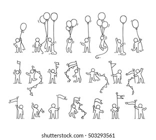 Cartoon icons set of sketch little people with party symbols. Doodle cute miniature scenes of workers with balloons, flags. Hand drawn vector illustration for celebration.