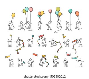 Cartoon icons set of sketch little people with party symbols. Doodle cute miniature scenes of workers with balloons, flags. Hand drawn vector illustration for celebration.