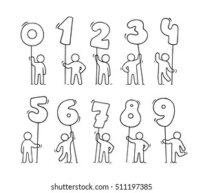 Cartoon icons set of sketch little people with numbers. Doodle cute workers with maths. Hand drawn vector illustration for education design.