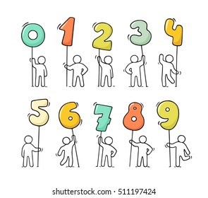 Cartoon icons set of sketch little people with numbers. Doodle cute workers with maths. Hand drawn vector illustration for education design.