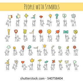 Cartoon Icons Set Of Sketch Little People With Life Symbols. Doodle Cute Miniature Scenes Of Workers With Mark, Arrow, Flags. Hand Drawn Vector Illustration For Web Design And Infographic.