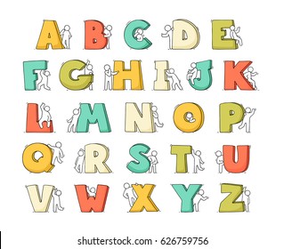 Cartoon icons set of sketch little people with letters. Doodle cute workers with alphabet. Hand drawn vector illustration for education design.
