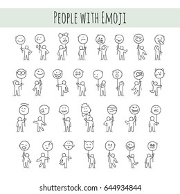 Cartoon icons set of sketch little people with smiles. Doodle cute workers with emoji signs. Hand drawn vector illustration for communication design.