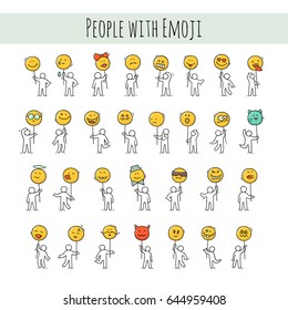Cartoon icons set of sketch little people with smiles. Doodle cute workers with emoji signs. Hand drawn vector illustration for communication design.