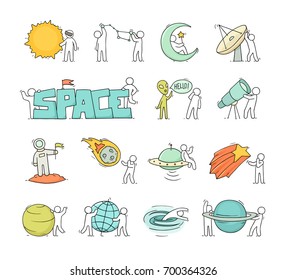 Cartoon icons set of sketch little people with space objects. Doodle cute workers with cosmic elements. Hand drawn vector illustration for astronomy design.