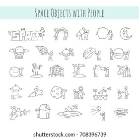 Cartoon icons set of sketch little people with space objects. Doodle cute workers with cosmic elements. Hand drawn vector illustration for astronomy design.