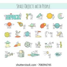 Cartoon icons set of sketch little people with space objects. Doodle cute workers with cosmic elements. Hand drawn vector illustration for astronomy design.