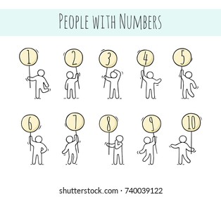 Cartoon icons set of sketch little people with numbers. Doodle cute workers with circle signs. Hand drawn vector illustration for education.