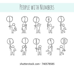 Cartoon icons set of sketch little people with numbers. Doodle cute workers with circle signs. Hand drawn vector illustration for education.