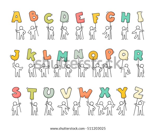 手紙を持つスケッチの小さな人の漫画のアイコンセット アルファベットを使ってかわいい 社員を落書きする 教育デザイン用の手描きのベクトルイラスト のベクター画像素材 ロイヤリティフリー