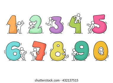 Cartoon icons set of sketch working little people with numbers. Doodle cute miniature scenes of workers with numbers. Hand drawn vector illustration for school design and infographic.