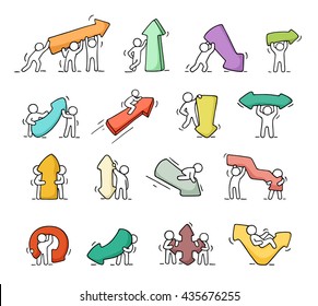 Cartoon icons set of sketch working little people with arrows. Doodle cute miniature scenes of workers. Hand drawn vector illustration for business design and infographic.