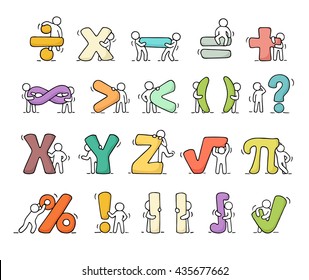 Cartoon icons set of sketch working little people with mathematical symbols. Doodle cute miniature scenes of workers with algebra signs. Hand drawn vector illustration for school design.