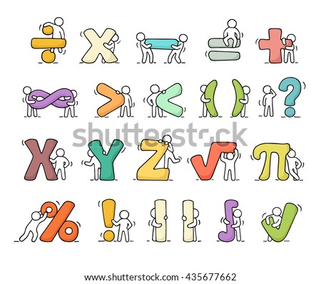 Cartoon icons set of sketch working little people with mathematical symbols. Doodle cute miniature scenes of workers with algebra signs. Hand drawn vector illustration for school design.