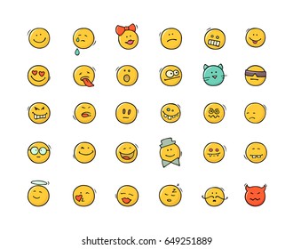 Cartoon icons set with smiles. Doodle emoji signs isolated on white. Hand drawn vector illustration for communication design.