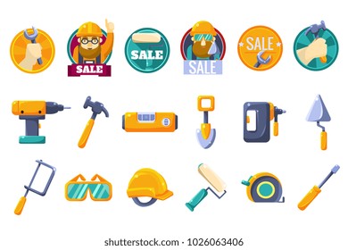 Cartoon icons set with tools for hardware store. Collection of working instruments. Round badges for sale with text and worker in helmet. Colorful flat vector design