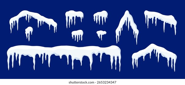 Cartoon icons of snow caps and icicles in house roof shapes, perfect for Christmas and New Year design elements. Isolated on transparent background.