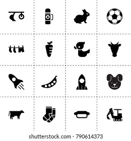 Cartoon icons. vector collection filled cartoon icons. includes symbols such as plow, cow, rabbit, carrot, pea, rocket, drying clothes. use for web, mobile and ui design.