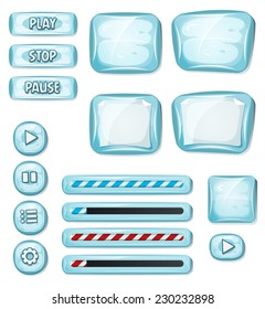 Cartoon Icy Elements For Ui Game/ Illustration of a set of various cartoon design ui ice glossy elements including banners, signs, buttons, load bar and app icon background for tablet pc