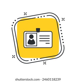 Cartoon id card icon vector illustration. Plastic card on isolated yellow square background. Identity sign concept.