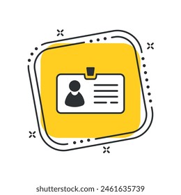 Cartoon id card icon vector illustration. Plastic card on isolated yellow square background. Identity sign concept.