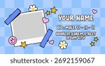 Cartoon ID card layout featuring a photo frame decorated with stars, hearts, and daisies on a soft blue checkered background or social media profile templates, invitation cards, and identification