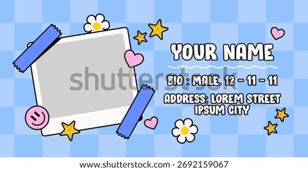 Cartoon ID card layout featuring a photo frame decorated with stars, hearts, and daisies on a soft blue checkered background or social media profile templates, invitation cards, and identification