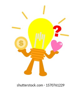 cartoon idea lamp choose love and money doodle vector illustration flat design style