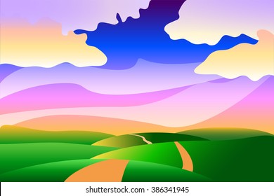 Cartoon idyllic landscape with road in hills, vector background or wallpapers, optimistic vector illustration, nature landscape vector, summer landscape with place for text, summer countryside vector