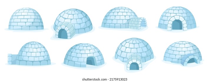 Cartoon igloo. Snow hut, winter house builded of snow and arctic shelter building from different angles vector set. Frozen traditional construction made of blocks, cold climate outdoor