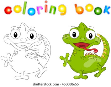 Cartoon iguana coloring book isolated on white