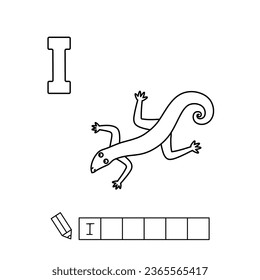 Cartoon-Leguana-Farbseiten. Spiel für kleine Kinder lernen - schreiben Sie ein Wort in englischer Sprache. Vektoralphabet für Kinder