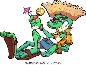 Cartoon iguana on vacation relaxing with tropical drink. Vector clip art illustration with simple gradients. All on a single layer.
