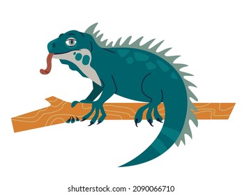 Cartoon Iguana Sitting On A Branch.