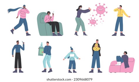 Cartoon ill people. Sick characters. Men or women with seasonal flu medical symptoms. Coughing kids. Sneezing persons. Runny nose spray. Viral diseases. Vector influenza